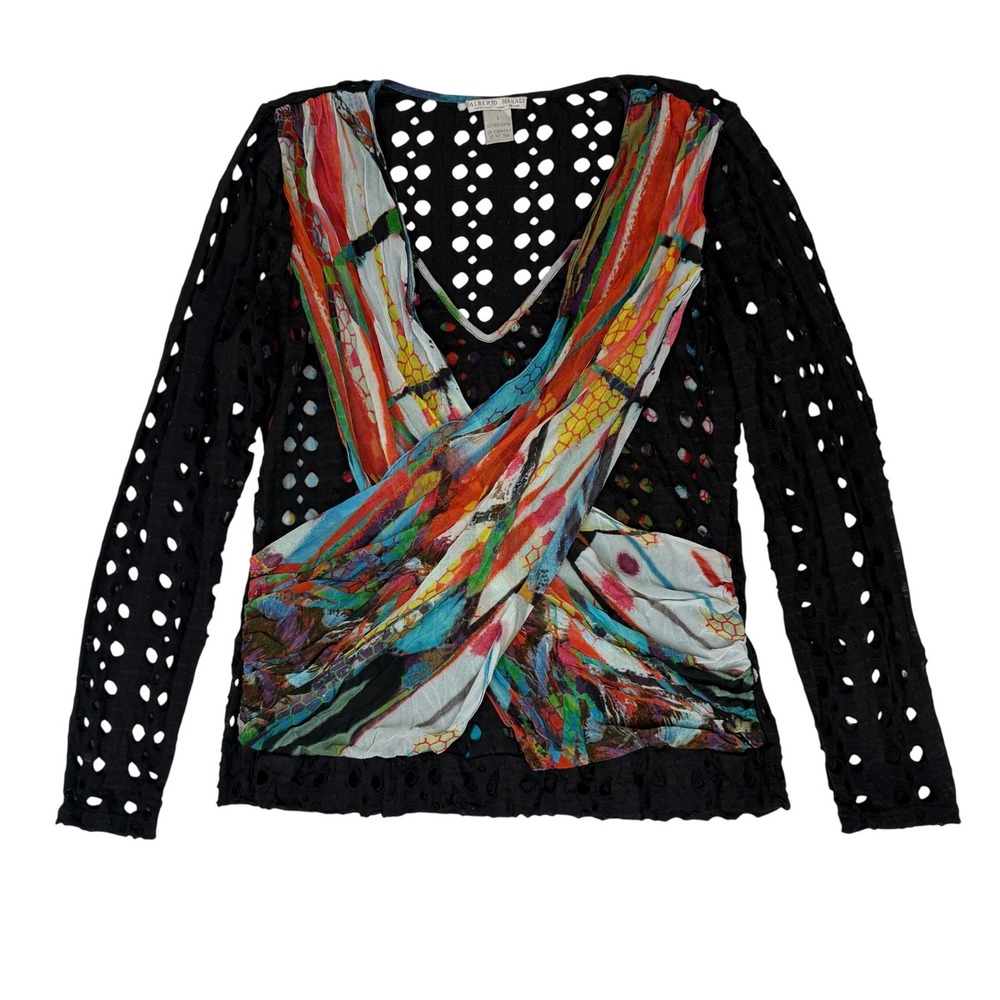 Alberto Makali Top Womens L Black Cutout Mesh Abstract Faux Wrap Art to Wear